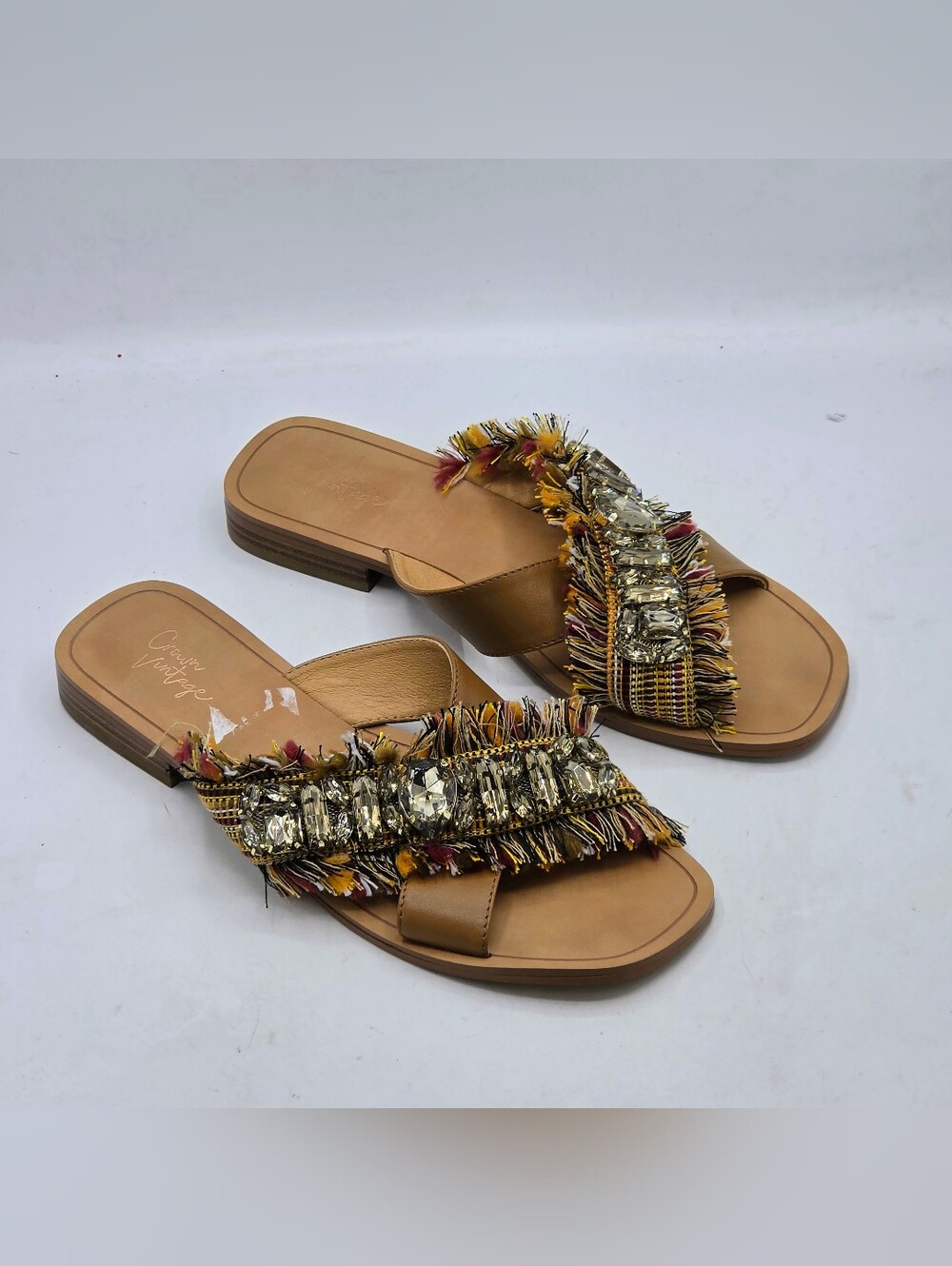 Crown Vintage Somaya Embellished Fringe Flat Sandals Tan Brown 9M - Picture 6 of 16